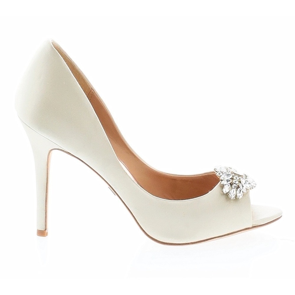 Badgley Mischka Sansa II Peep Toe Pump Women 7.5 Ivory Good Crystal Satin Heel - Picture 2 of 13